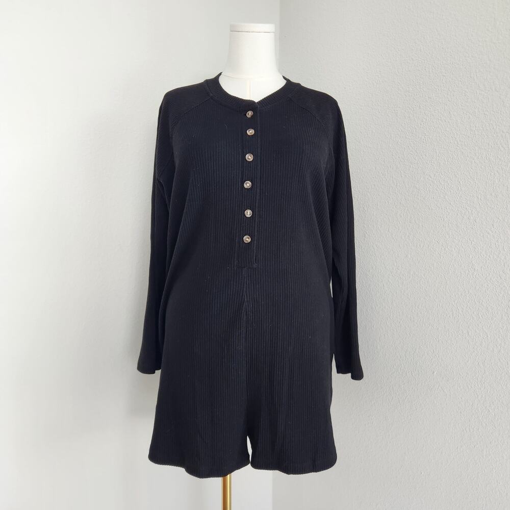 Old Navy Black Pajama Romper Ribbed Henley Long Sleeve Loungewear L - Picture 1 of 7